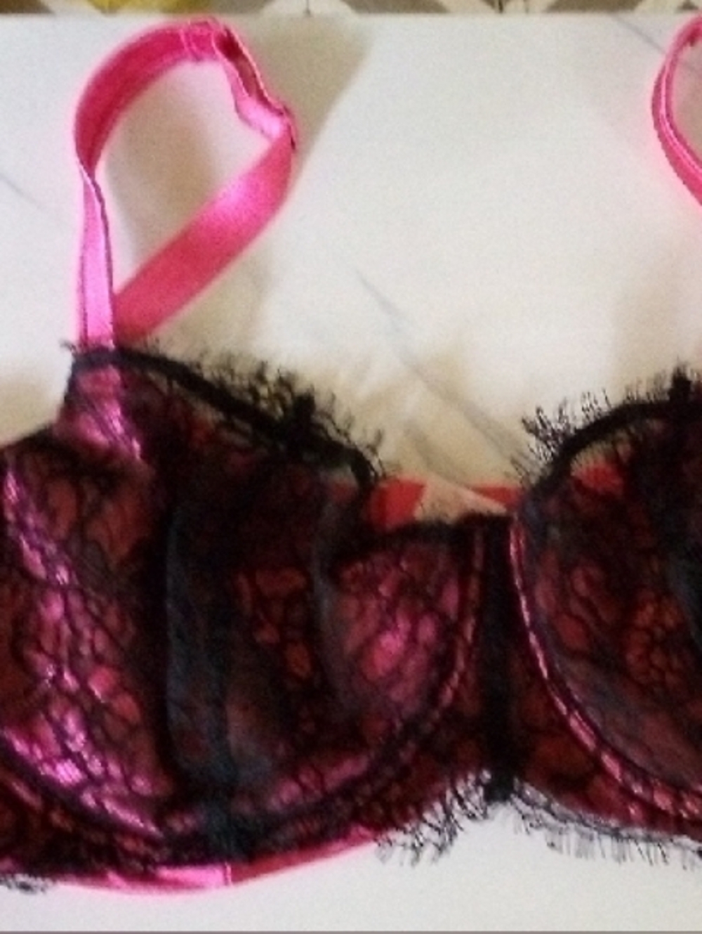Cacique Hot Pink Bra with Black Lace Overlay